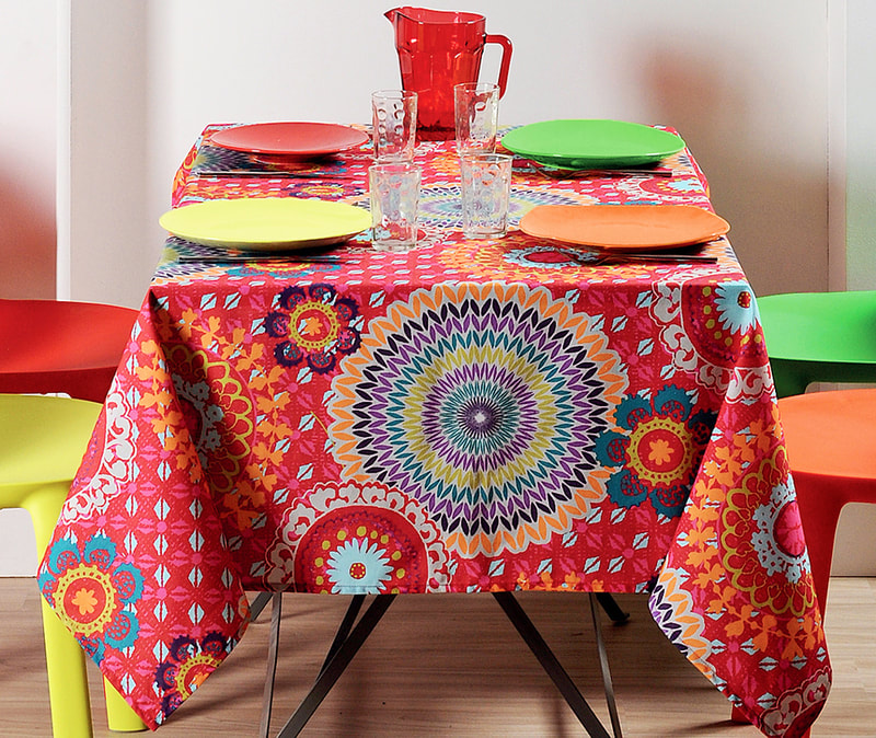 PARTY TIME RED Acrylic Cotton Coated French Provence Table cloths - French Oil cloth Spill Proof Easy Wipe Off Party Tablecloths - Fun Party Lovers Indoor Outdoor Entertaining Table Decor - Elegant Party Decor Gifts