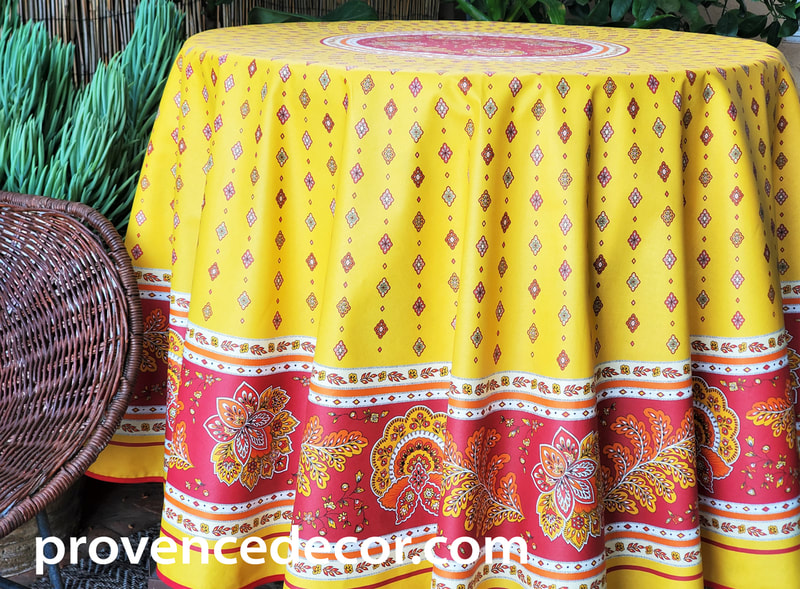 PERSE YELLOW RED Acrylic Cotton Coated French Tablecloths - French Oilcloth Spill Proof Easy Wipe Off Laminated Round Rectangle Table Cover - Indoor Outdoor Party Table Decor - French Country Provence Home Decoration Gifts
