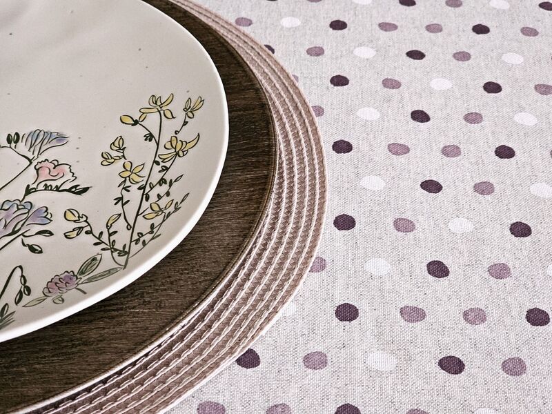 POLKA DOT ART LILAC Trendy Acrylic Cotton Coated Tablecloths - French Oilcloth Spill Proof Easy Wipe Off Laminated Round Rectangle Table Cover - Indoor Outdoor Party Table Decor - Elegant Modern Home Decoration Gifts