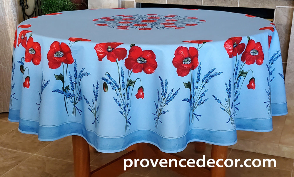 POPPY LAVENDER SKY BLUE Acrylic Cotton Coated Tablecloths - French Oilcloth Spill Proof Easy Wipe Off Fabric - Indoor Outdoor Provence Poppy Lavender Flowers Elegant Party Table Cover - French Country Wildflowers Home Decor Gifts