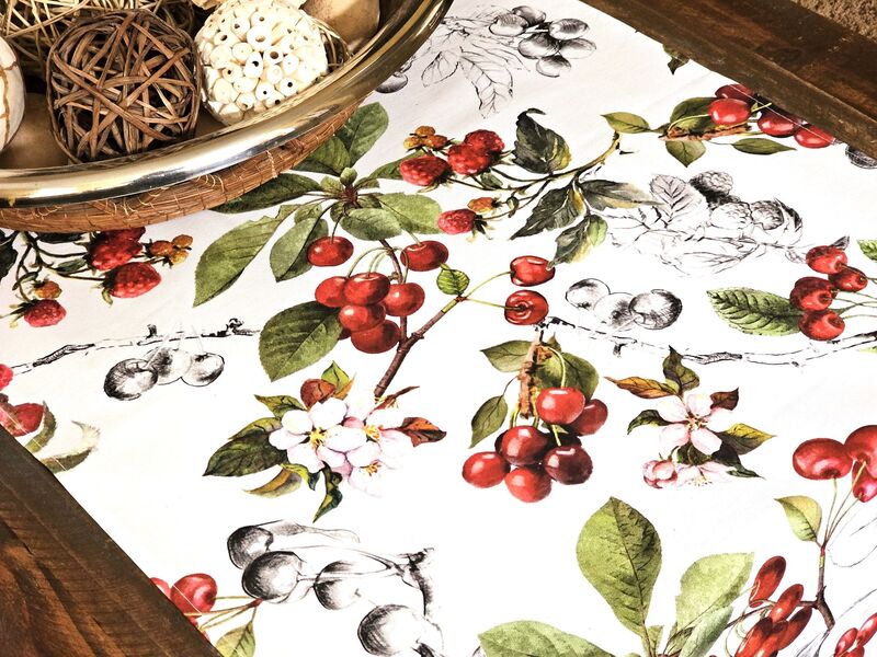 PROVENCE BERRIES Acrylic Cotton Coated Decorative Table Runner - French Oilcloth Wipe Off Fabric - French Country Provence Table Accent - Home Decoration Accessories Gifts