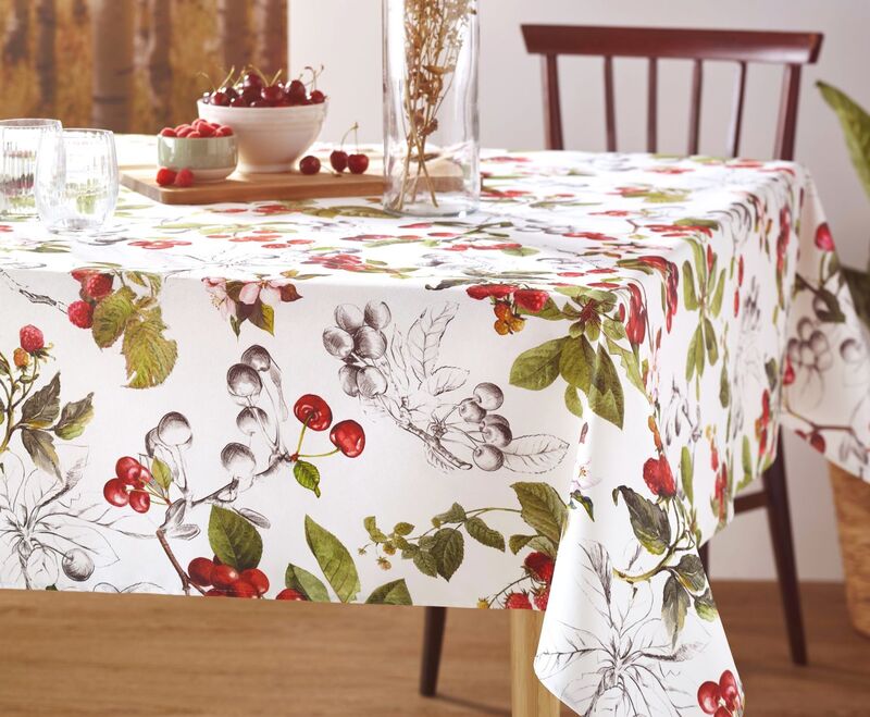 PROVENCE BERRIES Wild Fruits Acrylic Cotton Coated Tablecloths - French Oilcloth Spill Proof Easy Wipe Off Indoor Outdoor Party Table Cover - Elegant French Country Farmhouse Decor