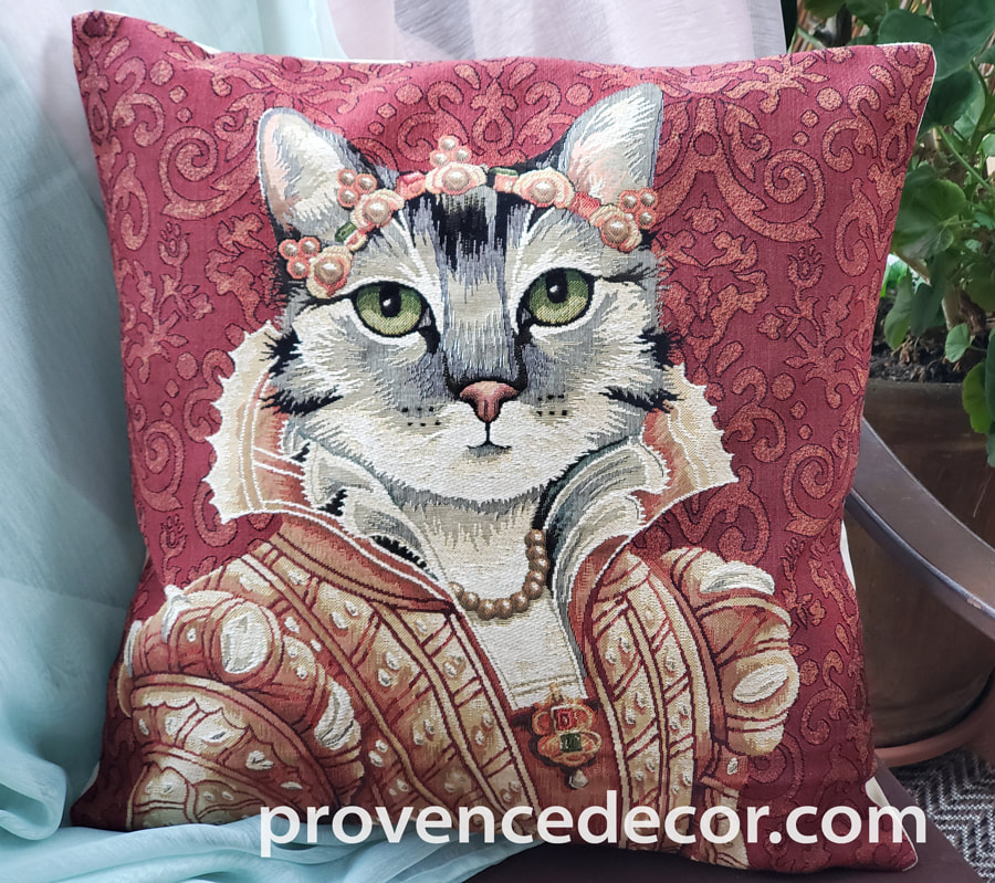 Tapestry Pillow with Cat in Basket Antique Tapestry Pillow Decorative Pillow