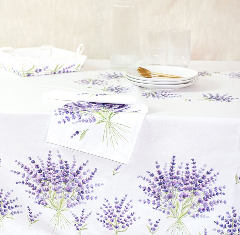 RIEZ LAVENDER WHITE Provence Cotton Coated Tablecloths - French Oilcloth Spill Proof Easy Wipe Off Fabric - Elegant Lavender Lovers Party Table Cover - French Home Decoration