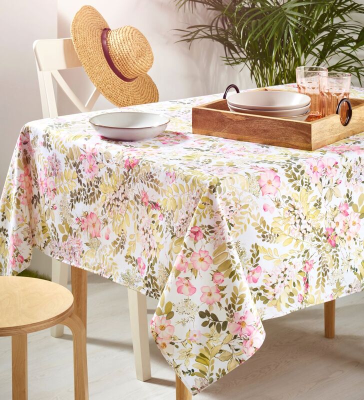 ROSALIE FLORAL Tablecloth - French Oilcloth Stain Resistant Wipe Off Fabric - Garden Flowers Lovers Elegant Party Table Decoration