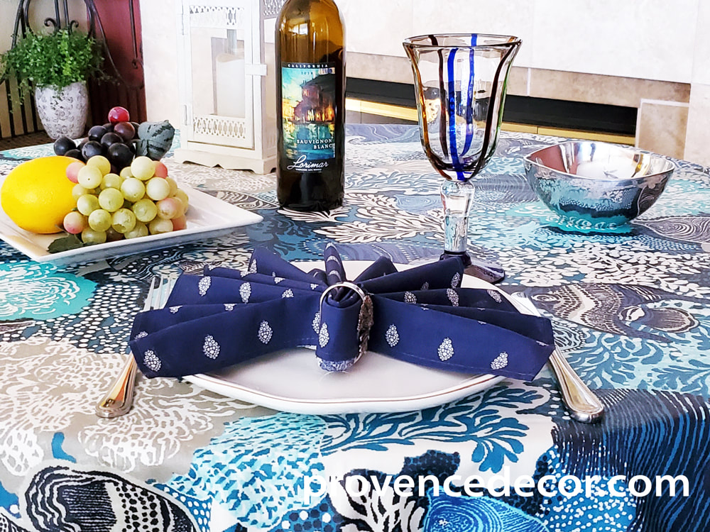 TAHITI DEEP OCEAN Acrylic Cotton Coated Table cloths - French Oil cloth Spill Proof Easy Wipe Off Party Tablecloths - Ocean Beach Fish Lovers Indoor Outdoor Party Table Cover - Home Decor Gifts