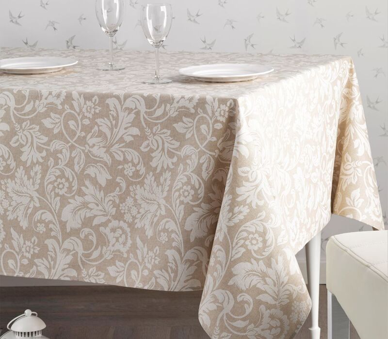 VERSAILLES LINEN BEIGE Traditional Classic French Royal Design Cotton Coated Tablecloth - French Oilcloth Spill Proof Easy Wipe Off Indoor Outdoor Elegant Party Table Cover - Home Decor Gifts