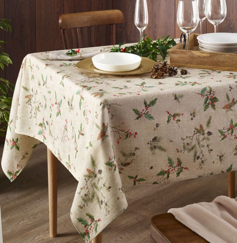 CHRISTMAS TIME Acrylic Cotton Coated Tablecloth - French Oilcloth Indoor Outdoor Party Table Cover - Spill Proof Easy Wipe Off Laminated Table cloths - Christmas Table Home Decoration Gifts