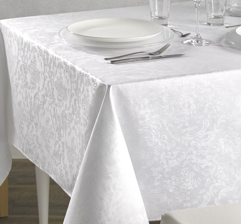 AMBOISE WHITE French Luxury Royal Design Rectangular Tablecloth - French Oilcloth Stain Resistant Wipe Off Fabric - Elegant Party Table Decoration