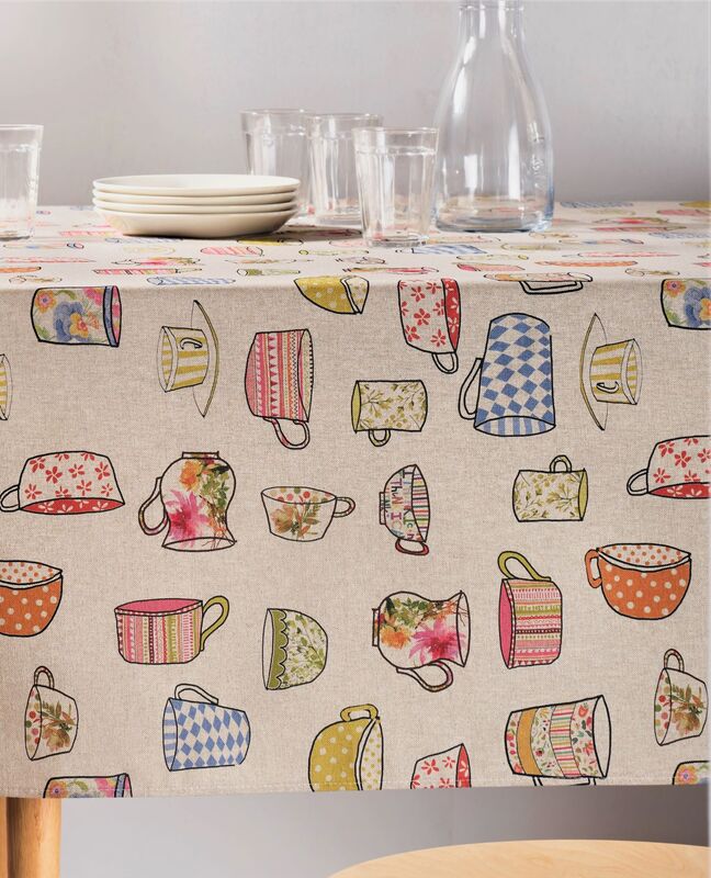 HAPPY TIME Acrylic Cotton Coated Tablecloth - French Oilcloth Indoor Outdoor Party Table Cover - Spill Proof Easy Wipe Off Laminated Table cloths - Coffee Tea Lovers Home Decoration Gifts