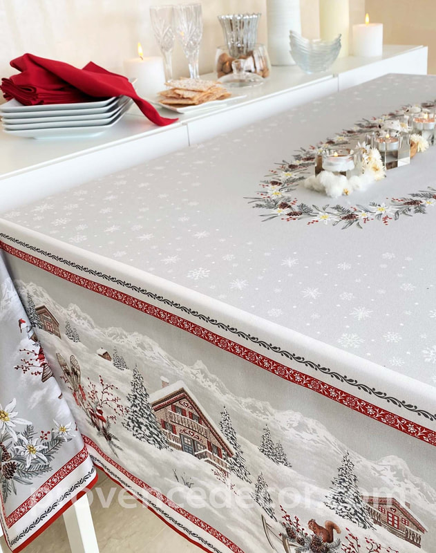LET IT SNOW Cotton Coated Table cloths - French Oil cloth Spill Proof Easy Wipe Off Fabric - Elegant Christmas Party Table Cover - French Holidays Decoration