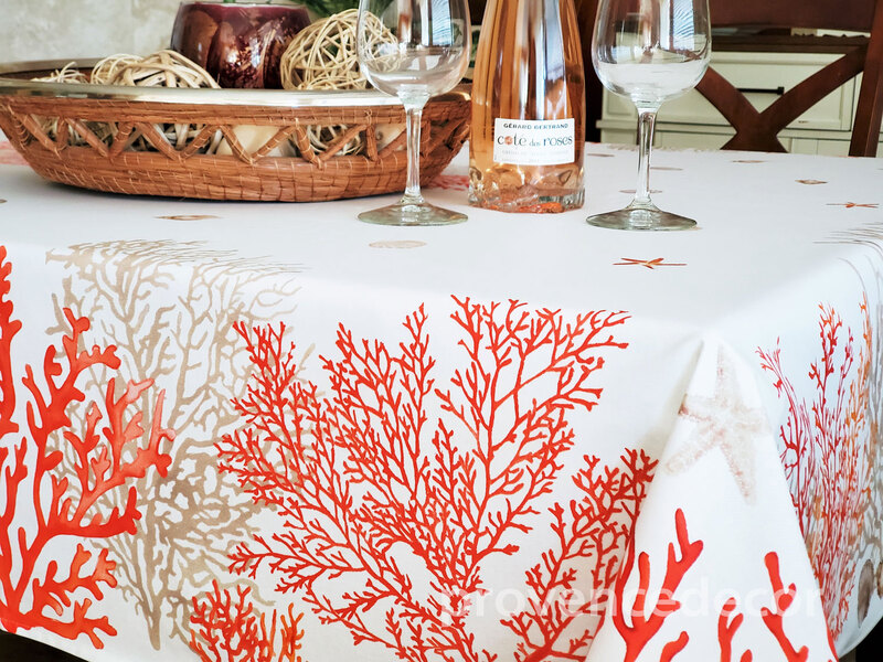 MEDITERRANEAN CORAL Cotton Coated Table cloths - French Oil cloth Spill Proof Easy Wipe Off Fabric - Elegant Beach Party Rectangular Table Cover - French Home Decoration