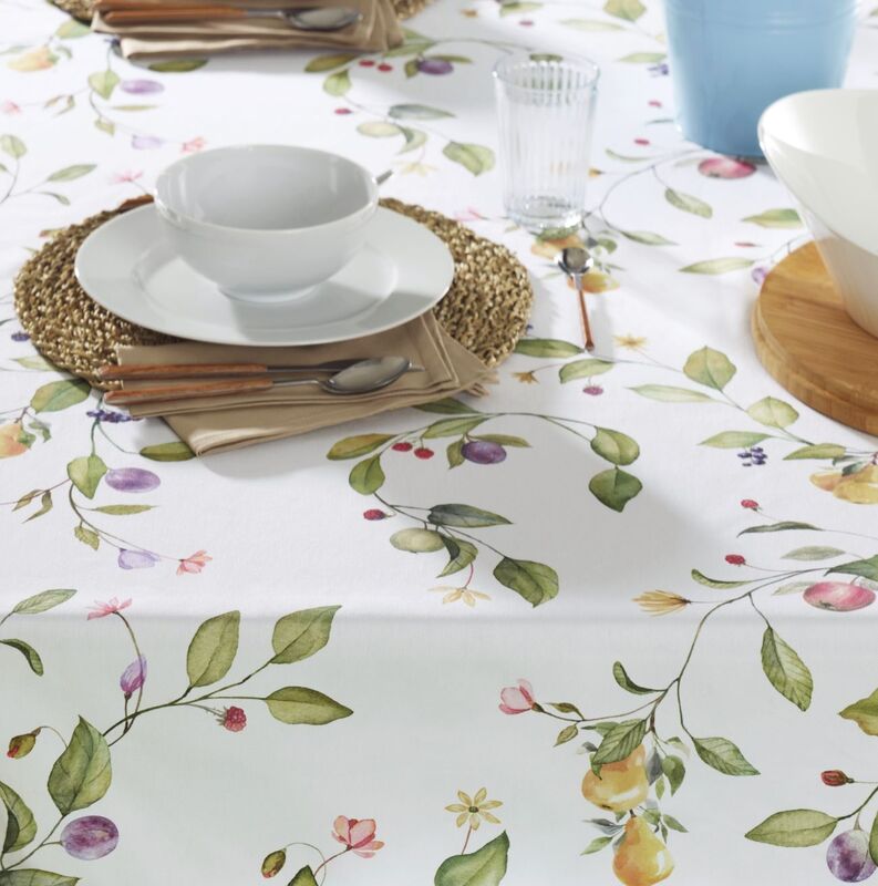 MIRABELLA Wild Fruits and Flowers Acrylic Cotton Coated Tablecloth - French Oilcloth Indoor Outdoor Party Table Cover - Spill Proof Easy Wipe Off Laminated Table cloths - Nature Home Decoration Gifts