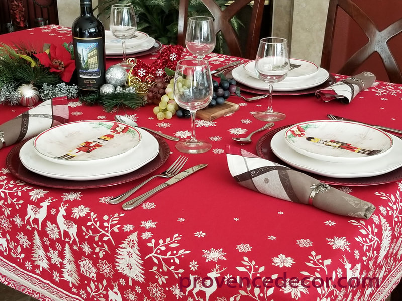 NOEL RED WHITE French Jacquard Woven Tapestry Christmas Reversible Tablecloths - Rectangle Table cloth - Square Table Topper Couch Throw - Mountain Resort Table Home Decor - Elegant French Christmas Decor Gifts