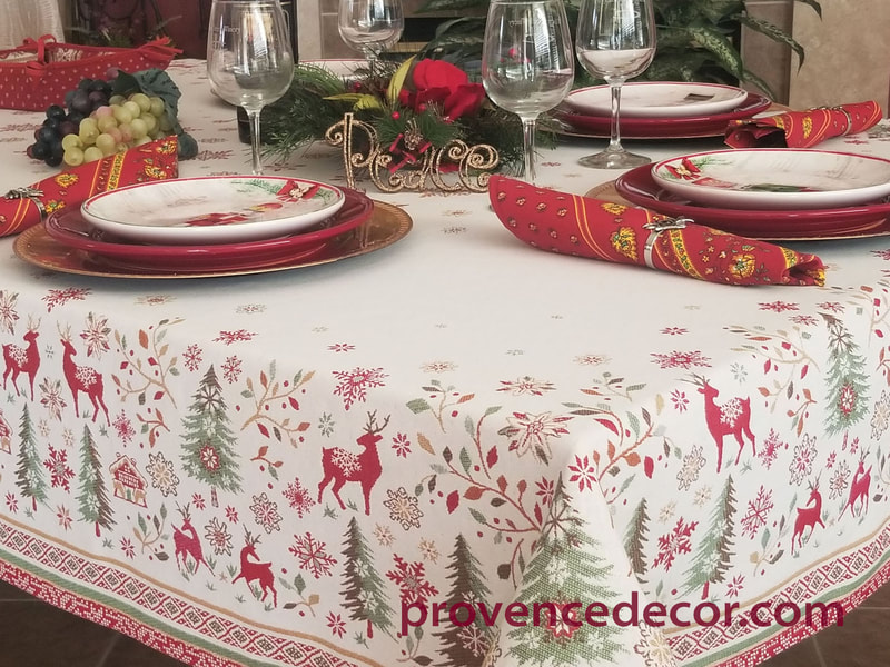 NOEL WHITE GREEN RED French Jacquard Woven Tapestry Christmas Reversible Tablecloths - Rectangle Table cloth - Square Table Topper Couch Throw - Mountain Resort Table Home Decor - Elegant French Christmas Decor Gifts