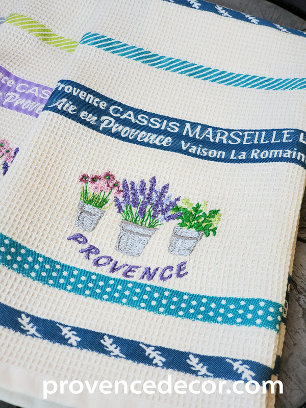 PROVENCE GARDEN BLUE GREEN French Country Embroidered Cotton Kitchen Towels - Exclusive Designs Dish Towels - Elegant 100% Cotton Tea Towels - Kitchen BBQ Area Camping RV Hand Towels - Gardening Flower Lovers Home Decor Dishtowels Gifts