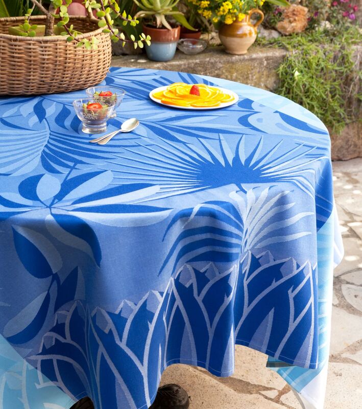 TROPICAL NATURE BLUE Jacquard Woven Teflon Cotton Coated French Tablecloths - Contemporary Elegant Nature Modern Table Decor - Easy Clean Cotton Coated Table Cover - French Home Decoration Gifts