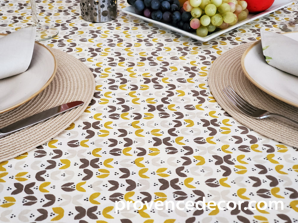 ABSTRACT TULIPS TAUPE YELLOW Contemporary Floral Acrylic Cotton Coated Tablecloths - French Oilcloth Spill Proof Wipe Off Table Cover - Indoor Outdoor Elegant Modern Tulip Flowers Design Party Table Home Decoration Gifts