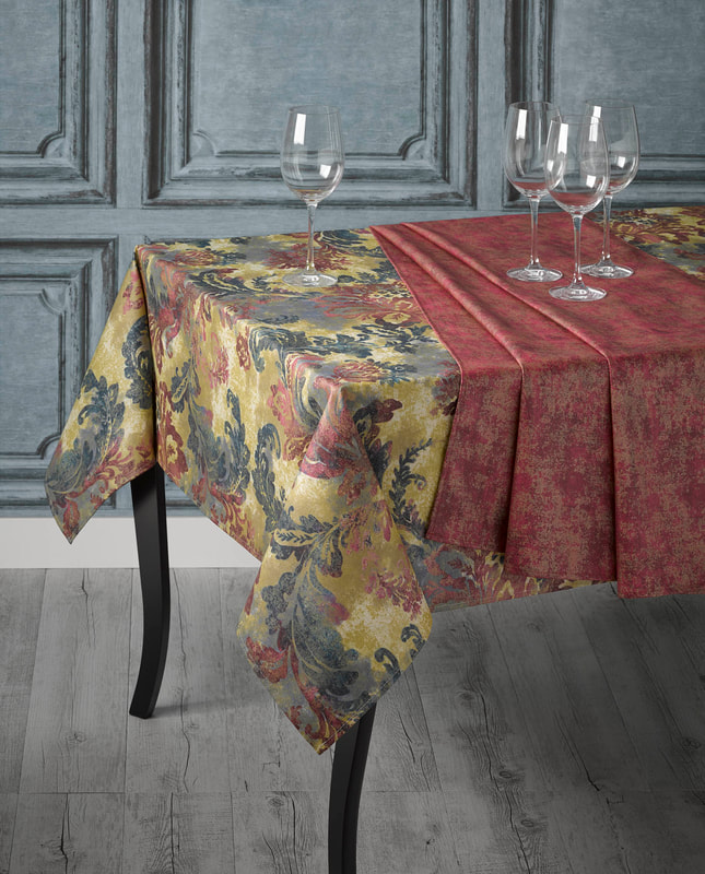 BELLE PARTY BORDEAUX GOLD Acrylic Coated French Antique Tablecloth French Oilcloth Indoor Outdoor Medieval Table Decor Water Stain Resistant Royal Tablecloths Elegant French Castles Renaissance Home Decor Gifts