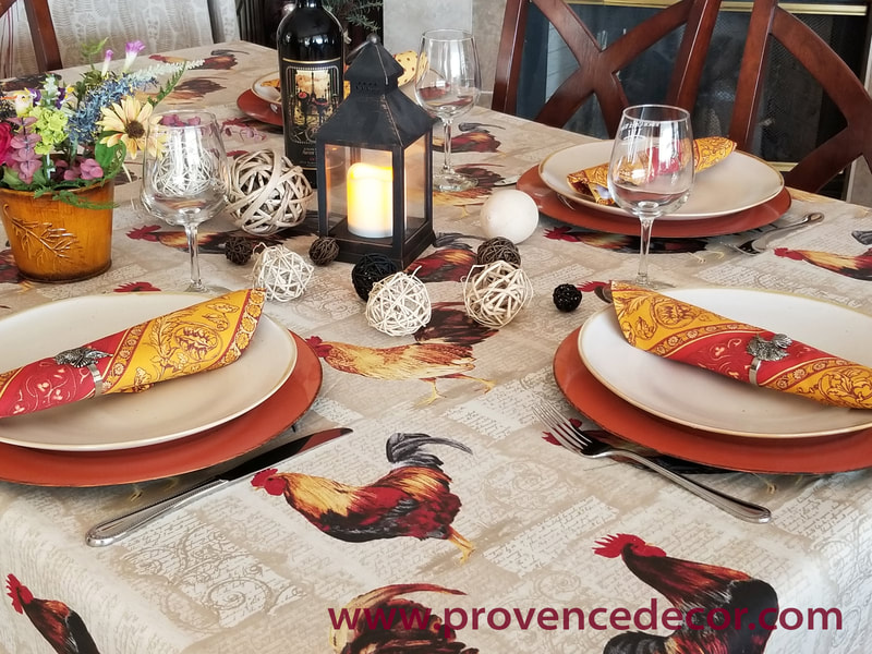 FRENCH COUNTRY ROOSTERS Cotton Coated Rectangle Table cloths - French Oilcloth Spill Proof Easy Wipe Off Cloth - Elegant Fall Halloween Thanksgiving Party Provence Farm House Decor