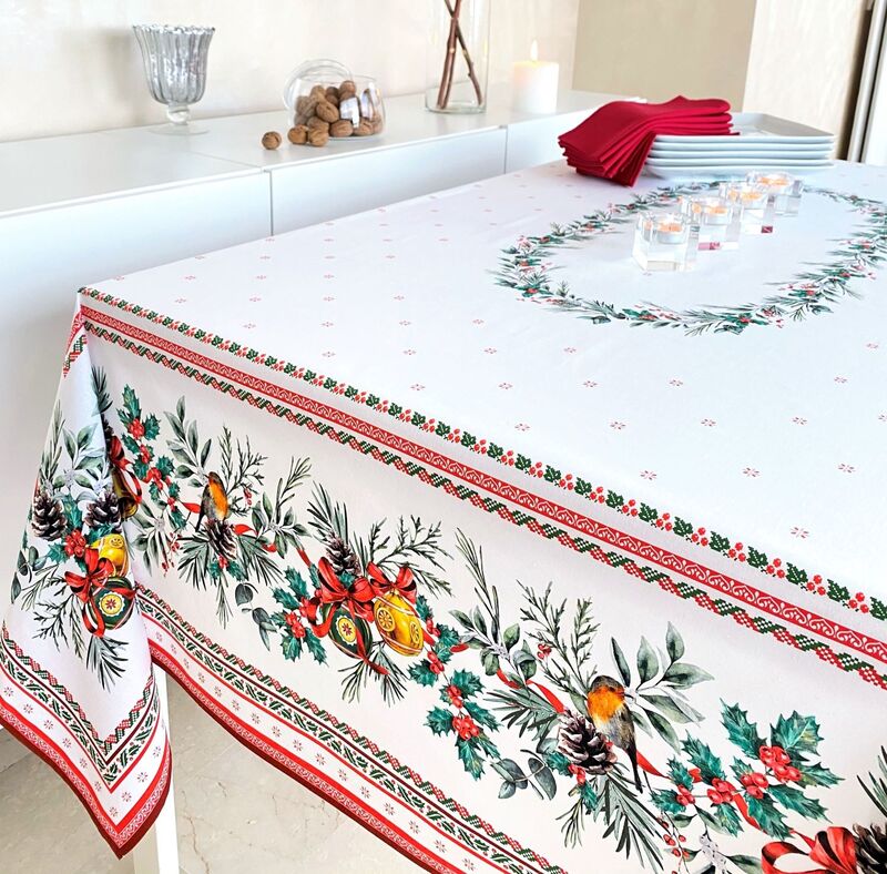 HOLLY JOLLY CHRISTMAS Acrylic Cotton Coated Table cloths - French Oilcloth Indoor Outdoor Elegant Christmas Party Table Cover - Spill Proof Wipe Off Tablecloth - Unique French XMAS Home Decoration Gifts