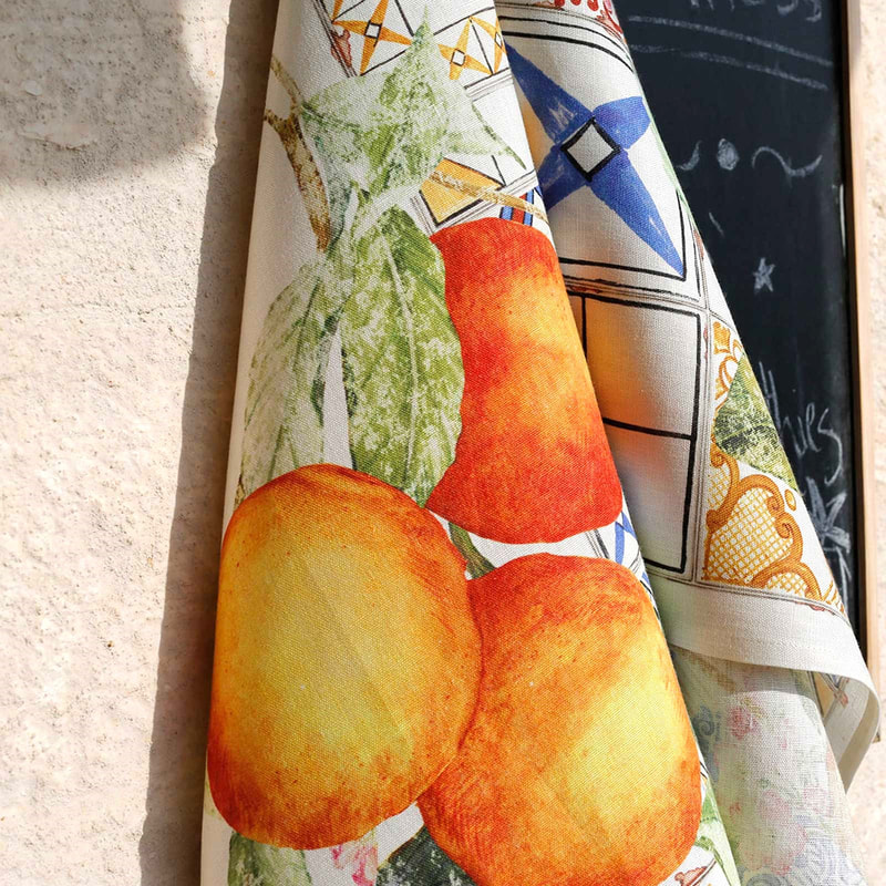 ORANGE TILES European Linen Dish Towels - Exclusive Designs Tea Towels - Elegant 100% Linen Orange Kitchen Towels - Fruits Vegetables Lovers Dishtowels - Farmers Market Kitchen Hand Towels - French Home Decor Gifts
