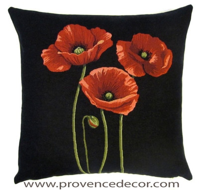 This THREE POPPIES BLACK Tapestry Pillow Cover is woven on a Jacquard loom (crafted with true traditional tapestry technique) with 100% high quality cotton thread, lined with a plain beige cotton backing and closes with a zipper. Size: 18" X 18"