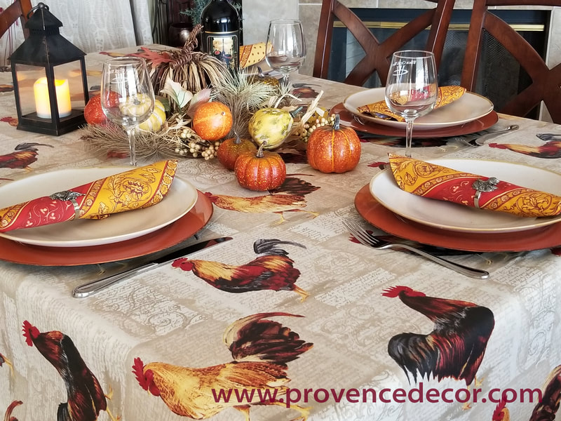 FRENCH COUNTRY ROOSTERS Cotton Coated Rectangle 98" X 62" Tablecloths - French Oilcloth Spill Proof Easy Wipe Off Cloth - Elegant Fall Thanksgiving Provence Farmhouse Decor