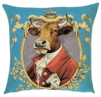 ARISTO COW Tapestry Pillow Covers are woven on a Jacquard loom (crafted with true traditional tapestry technique) with 100% high quality cotton thread, lined with a plain beige cotton backing and close with a zipper. Size: 18" X 18"