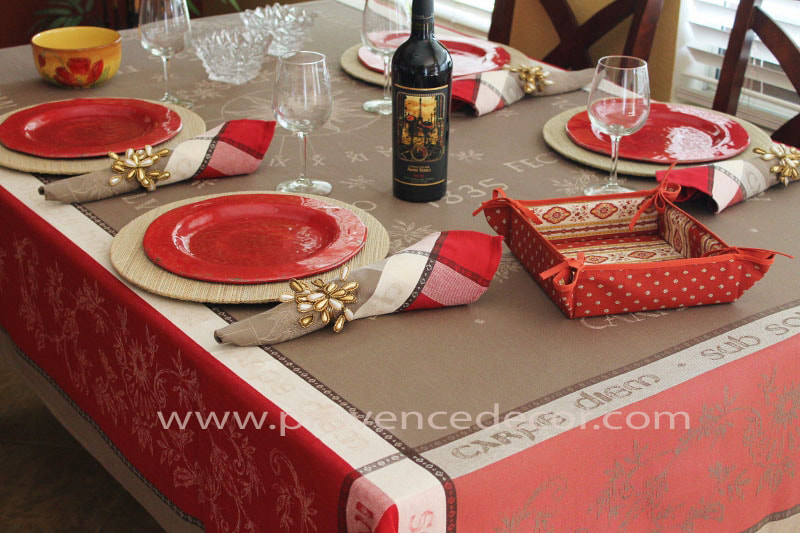 CARPE DIEM RED Jacquard Woven Teflon Cotton Coated French Table cloths - Easy Clean Elegant Traditional French Tablecloths - French Party Table Decor Gifts