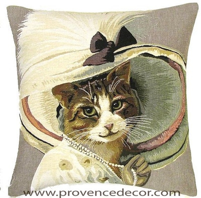 CAT BROWN RIBBON HAT European Belgian Tapestry Throw Pillow Cases - Decorative 18  X 18 Pillow Covers - Zippered Throw Pillow Case - Jacquard Woven Belgium Tapestry Cushion Cover - Throw Pillow Cases - Fun Cat Lover Gift - Victorian Home Decor Gifts