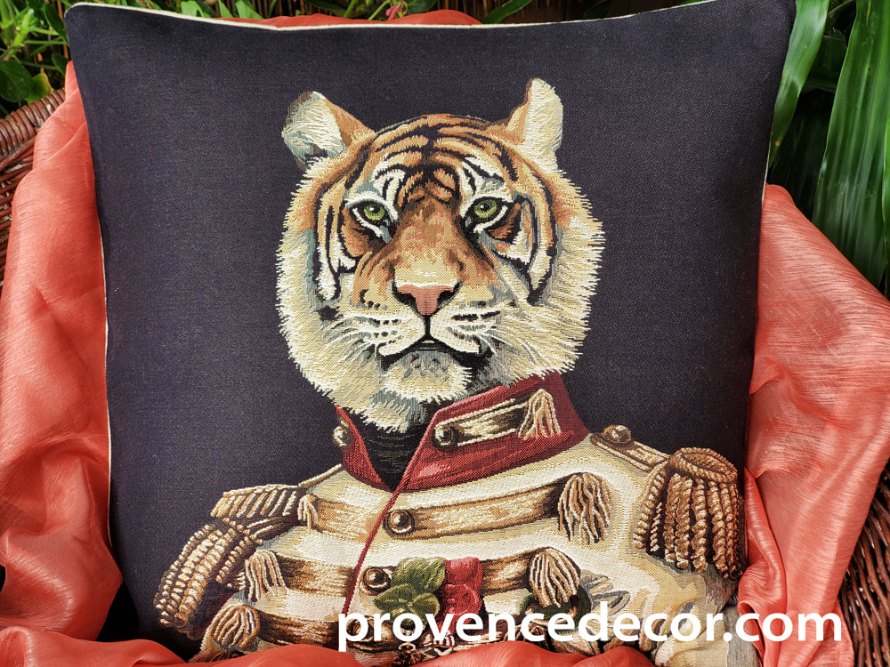 TIGER KING JOEY BLACK Authentic European Tapestry Throw Pillow Cases - Tiger in Uniform Big Cat Lovers Decorative Cushion Covers - Safari Wild Animal Lovers Home Decor Gifts