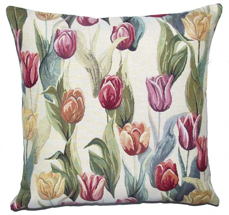 TULIPS BEIGE European Jacquard Woven Throw Pillow Cases - Flower Art Home Decor Cushion Covers - Multi Color Tulips Reversible Decorative Pillow Covers