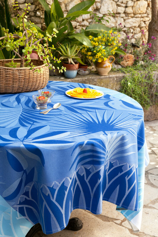 PALMIER BLUE Jacquard Woven Teflon Cotton Coated French Tablecloths - Contemporary Elegant Nature Modern Table Decor - Easy Clean Cotton Coated Table Cover - French Home Decor Gifts