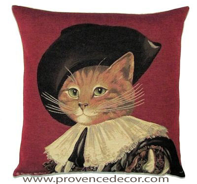 CAT COMTE D'ARTAGNAN RED European Belgian Tapestry Throw Pillow Cases - Decorative 18 X 18 Pillow Covers - Zippered Throw Pillow Case - Jacquard Woven Belgium Tapestry Cushion Covers - Fun Dressed Cat Throw Cushions - Cat Lover Gift - Susan Herbert Artwork - Medieval Cats - Cat Medieval Three Musketeers Home Decor 