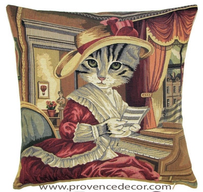 CAT PRINCESS ELEONORA European Belgian Tapestry Throw Pillow Cases - Decorative 18 X 18 Pillow Covers - Zippered Throw Pillow Case - Jacquard Woven Belgium Tapestry Cushion Covers - Fun Dressed Cat Throw Cushions - Cat Lover Gift - Piano player pianist musician Home Decor Gifts