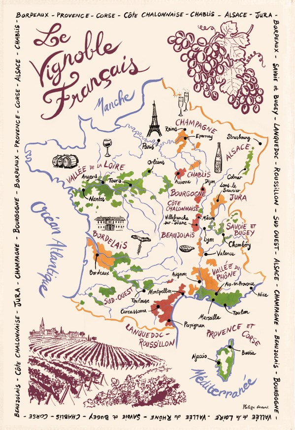 FRENCH WINERIES MAP Exclusive Design French Dishtowels - Elegant 100% Cotton Kitchen Towels - French Wine Lovers Dishcloths - French Wine Regions Artwork Decorative Kitchen Tea Towels - Home Decor Accessories Gifts