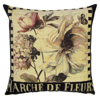 This MARCHE DE FLEUR Tapestry Pillow Cover is woven on a Jacquard loom (crafted with true traditional tapestry technique) with 100% high quality cotton thread, lined with a plain beige cotton backing and closes with a zipper. Size: 18" X 18"