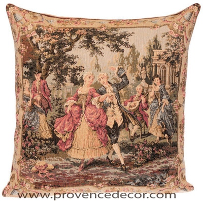 The DANCING Tapestry Cushion Cover is a replica of Francois Boucher famous artwork in Tapestry. The details are exquisite, looks like a real painting. These gorgeous Jacquard Tapestry Throw Pillow Cases are the authentic GOBELIN Tapestry woven with 100% high quality cotton, lined with a soft beige velvet backing and close with a zipper. Size: 18" X 18"