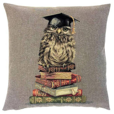 OWL IN LIBRARY Tapestry Pillow Covers are woven on a Jacquard loom (crafted with true traditional tapestry technique) with 100% high quality cotton thread, lined with a plain beige cotton backing and close with a zipper. Size: 18" X 18"