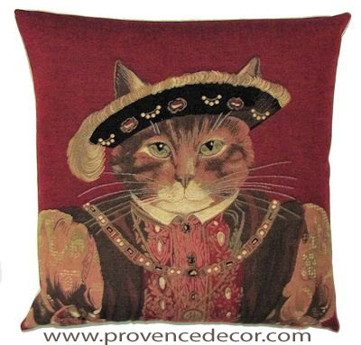 CAT KING HENRY VIII RED European Belgian Tapestry Throw Pillow Cases - Decorative 18 X 18 Square Pillow Covers - Zippered Throw Pillow Case - Jacquard Woven Belgium Tapestry Cushion Covers - Fun Dressed Cat Throw Cushions - Cat Lover Gift - Susan Herbert Artwork - Cat Medieval King of England London Home Decor Gifts 