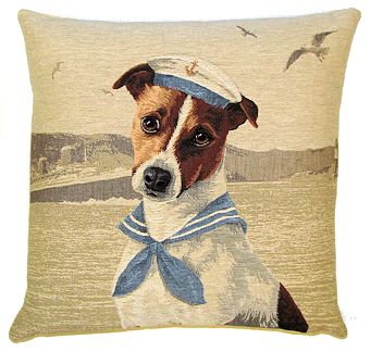 DOG SAILOR JACK RUSSELL European Belgian Tapestry Throw Pillow Cases - Decorative 18 X 18 Square Pillow Covers - Zippered Throw Pillow Case - Jacquard Woven Belgium Tapestry Cushion Covers - Fun Dressed Dog Throw Cushions - Dog Lover Gift - Navy Sailor Marin Ocean Boat Home Decor Gifts
