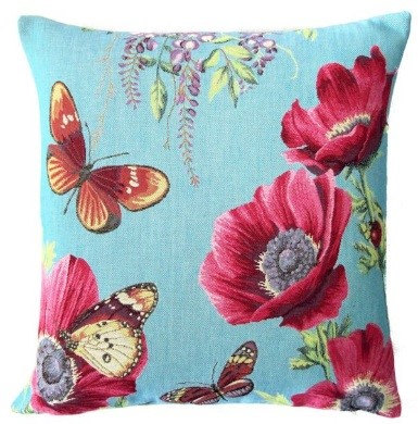 This MIMOSAS BUTTERFLY Tapestry Pillow Cover is woven on a Jacquard loom (crafted with true traditional tapestry technique) with 100% high quality cotton thread, lined with a plain beige cotton backing and closes with a zipper. Size: 18" X 18"