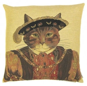 CAT KING HENRY VIII BEIGE European Belgian Tapestry Throw Pillow Cases - Decorative 18 X 18 Square Pillow Covers - Zippered Throw Pillow Case - Jacquard Woven Belgium Tapestry Cushion Covers - Fun Dressed Cat Throw Cushions - Cat Lover Gift - Susan Herbert Artwork - Cat Medieval King of England London Home Decor Gifts 