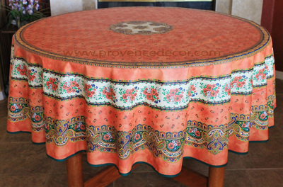 French Provence TRADITION SALMON Acrylic Coated Tablecloth - French Oilcloth Indoor Outdoor Tablecloths - French Country Home Decor Gifts - Marat Avignon Fabric
