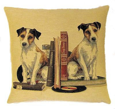 DOGS JACK RUSSELL ANTIQUE BOOKS LIBRARY BEIGE Authentic European Belgian Tapestry Throw Pillow Cases - Decorative Pillow Covers - Zippered Throw Pillow Case - Jack Russel Home Decor Gifts - Fun Dogs Cushion Covers - Dog Art - Dog Loverswith a plain beige cotton backing and close with a zipper. Size: 18" X 18"