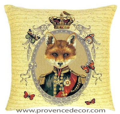 ARISTO FOX PORTRAIT Tapestry Pillow Covers are woven on a Jacquard loom (crafted with true traditional tapestry technique) with 100% high quality cotton thread, lined with a plain beige cotton backing and close with a zipper. Size: 18" X 18"