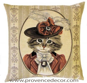 VICTORIAN CAT BROWN Jacquard Woven Tapestry Throw Pillowcases - Fun Dressed Cat Portrait Cushion Covers - Cat Lover Gifts - Cat Art Home Decor