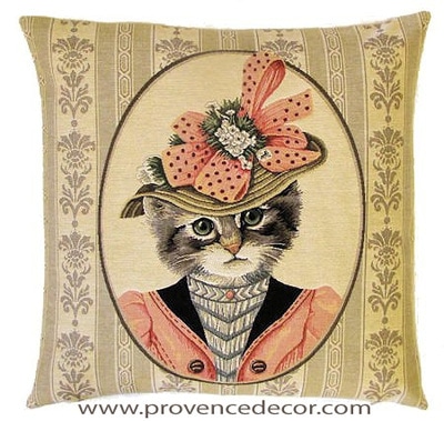The CAT PORTRAIT PINK Tapestry Cushion Cover is part of a collection of Two Portrait cushions of beautiful cats dressed in Victorian Style Clothing.
These gorgeous Jacquard Tapestry Throw Pillow Cases are woven with 100% high quality cotton, lined with a plain beige cotton backing and close with a zipper.
Size: 18" X 18"