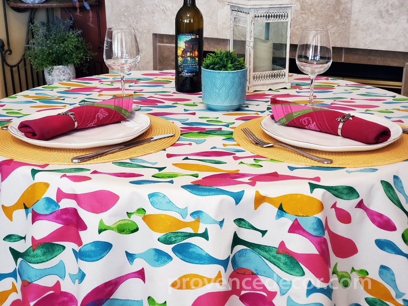 OCEAN FISH RAINBOW Acrylic Cotton Coated Table cloths - French Oil cloth Spill Proof Easy Wipe Off Party Tablecloths - Ocean Fish Beach Lovers Indoor Outdoor Party Table Cover - Home Decor Gifts